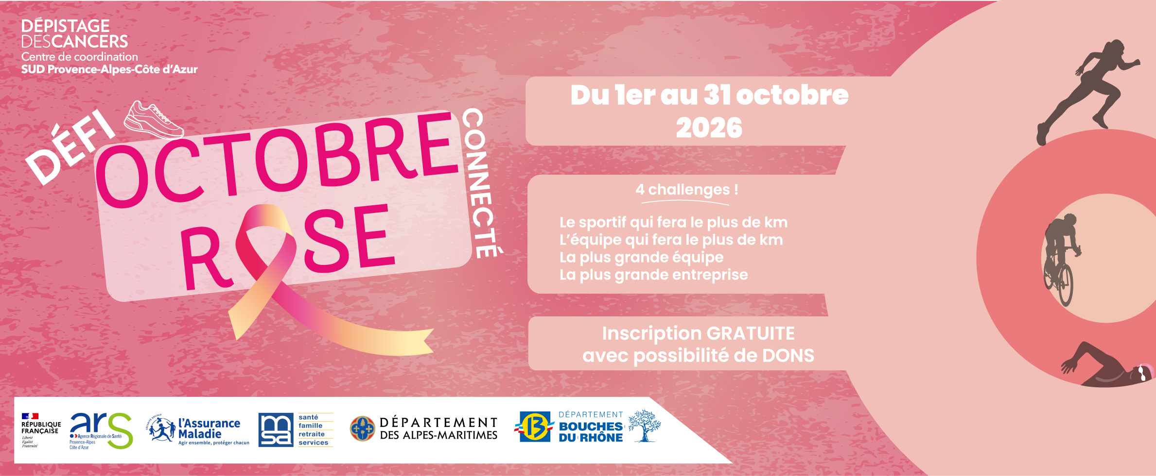 Défi Octobre Rose connecté 2026 du CRCDC SUD PACA : du 1er au 31 octobre, quatre challenges et inscription gratuite.