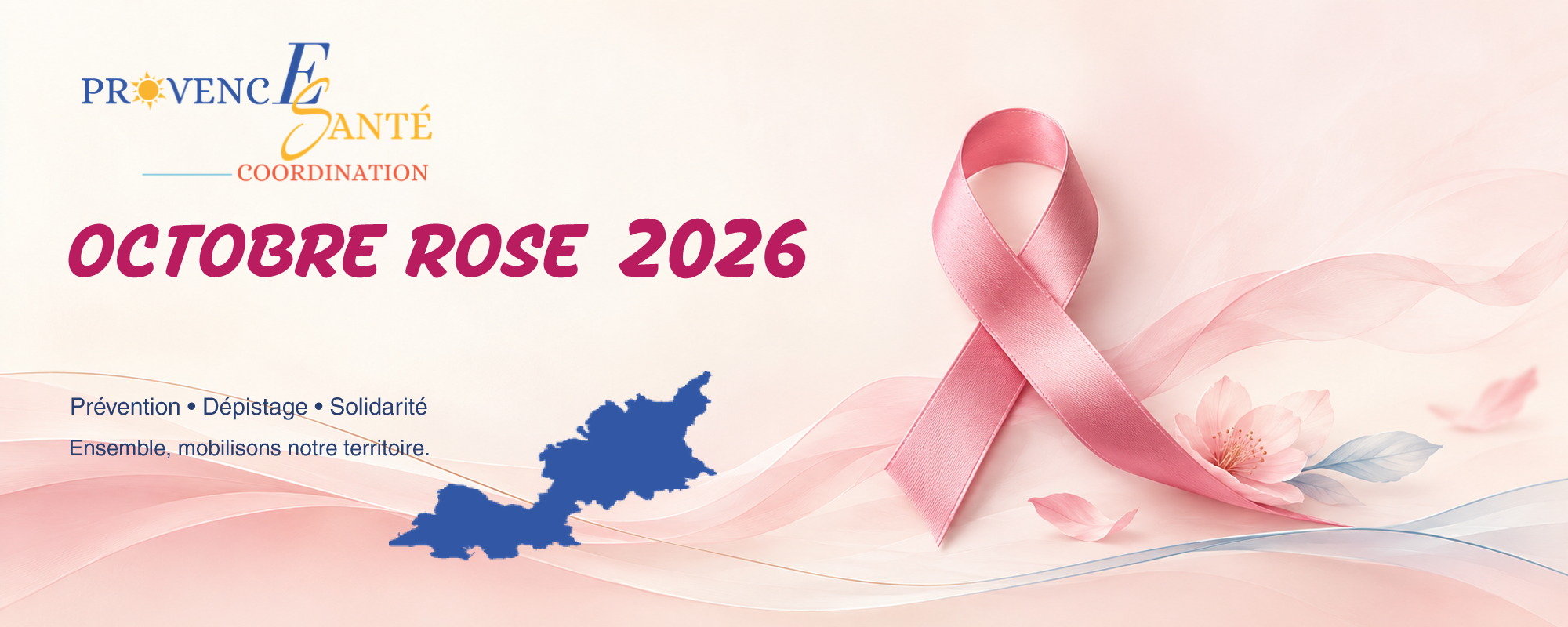Octobre Rose 2026 — prévention, dépistage et solidarité avec Provence Santé Coordination, ruban rose et territoire PSC.