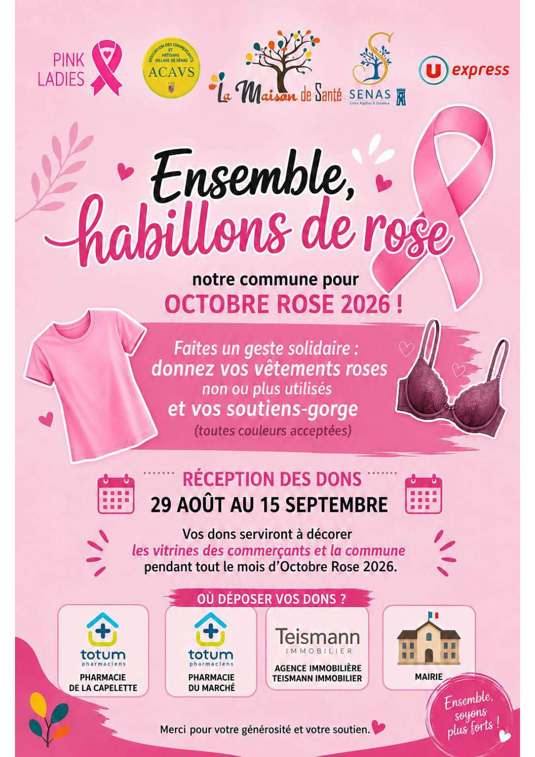 Sénas — Habillons la commune de rose — Octobre Rose 2026 — collecte du 29 août au 15 septembre